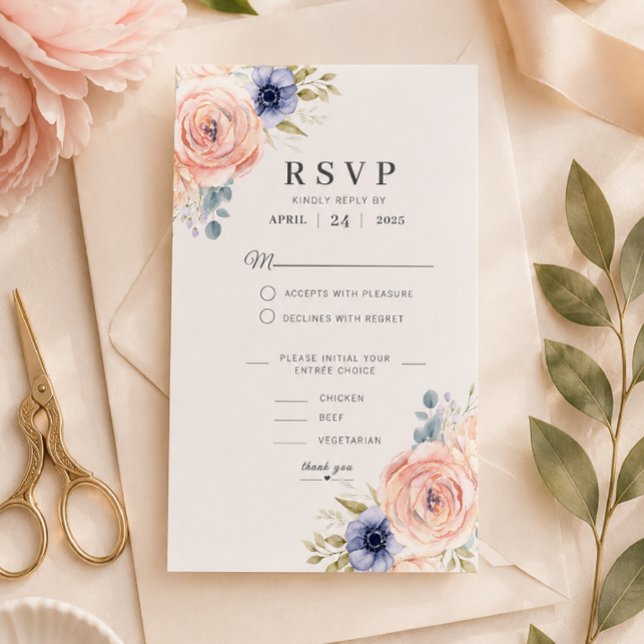 Romantic Blush Peonies Wedding RSVP Card Template (Elegant floral RSVP card for a timeless wedding stationery suite.)