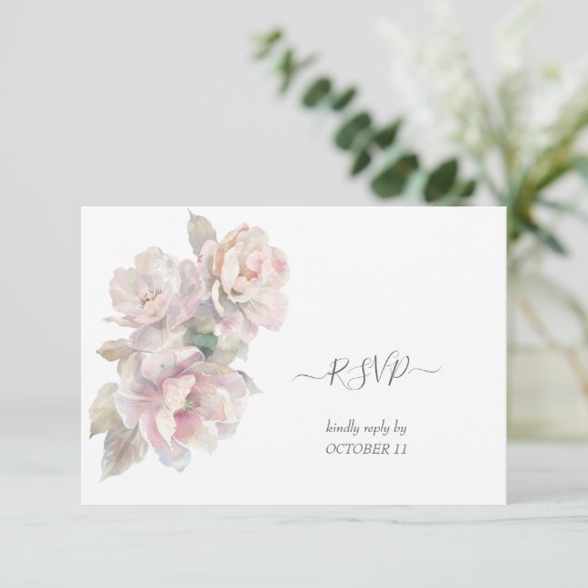 Romantic Blush Peony Floral Wedding  RSVP Card (Standing Front)