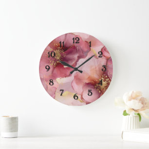Romantic Blush Pink Burgundy Gold Floral Large Clock