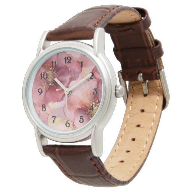 Romantic Blush Pink Burgundy Gold Floral  Watch (Angled)