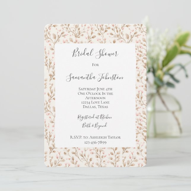 Romantic Blush Pink Cream Floral Bridal Shower Invitation (Standing Front)