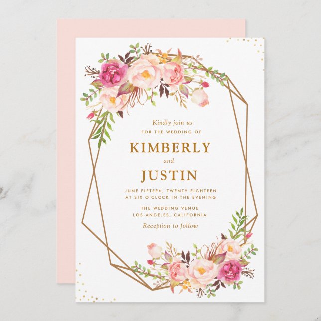Romantic blush pink floral geometric wedding invitation (Front/Back)