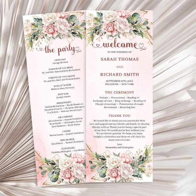 Romantic Blush Pink Floral Gold Greenery Wedding Program (Romantic Blush Pink Floral Greenery Wedding Program)