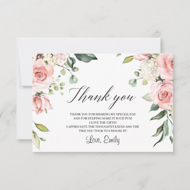 Romantic blush pink floral greenery bridal shower thank you card (Front)