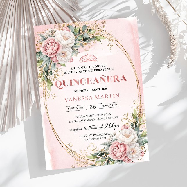 Romantic Blush Pink Floral Greenery Quinceañera Invitation (Romantic Blush Pink Floral Greenery Quinceañera)