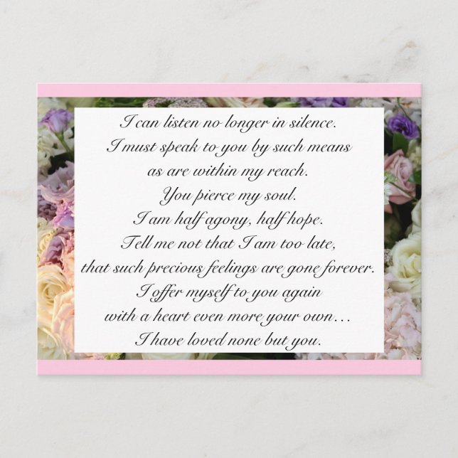 Romantic Blush Pink Floral Jane Austen Love Quote  Postcard (Front)