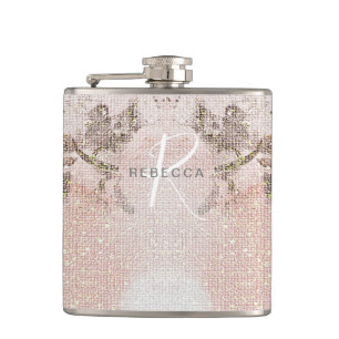 Romantic Blush-Pink Floral Monogram Flask