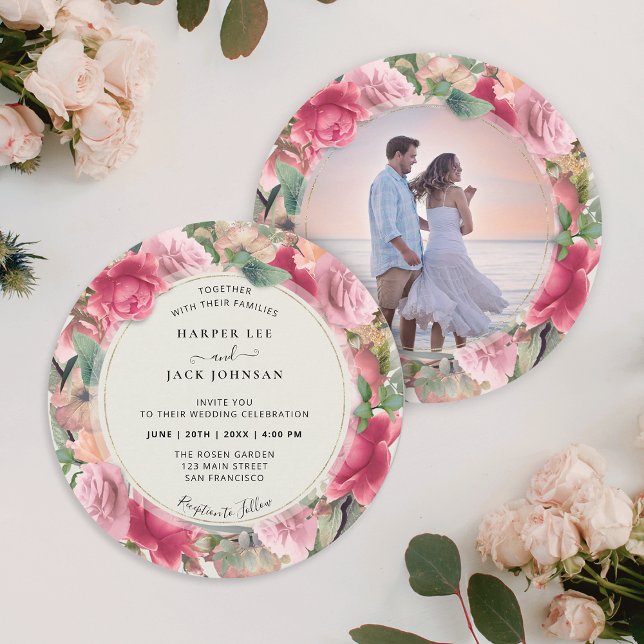 Romantic Blush Pink Floral Photo Circle Wedding Invitation (Romantic Blush Pink Floral Photo Circle Wedding Invitation)