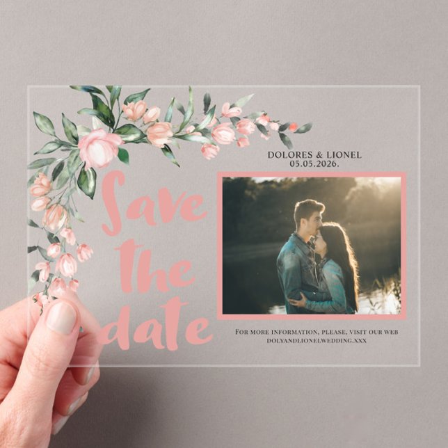 Romantic Blush PInk Floral Photo Save the date  Acrylic Invitations (Creator Uploaded)