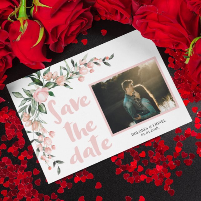 Romantic Blush PInk Floral Photo Save the date  Invitation (Creator Uploaded)