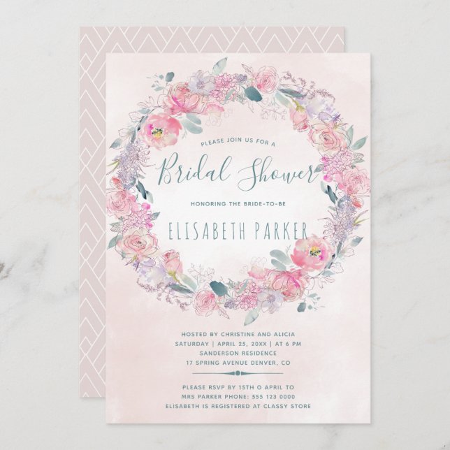 Romantic blush pink floral wreath bridal shower invitation (Front/Back)
