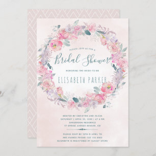 Romantic blush pink floral wreath bridal shower invitation