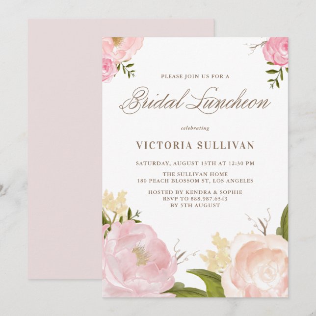 Romantic Blush Pink Flowers Bridal Luncheon Invitation (Front/Back)