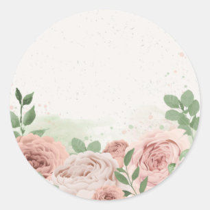 romantic blush pink flowers & leaves classic round sticker