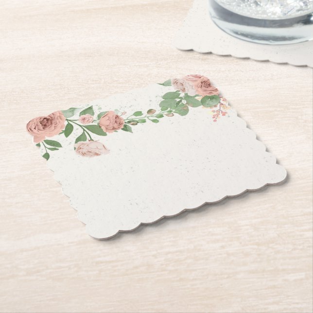 romantic blush pink flowers & leaves paper coaster (Angled)