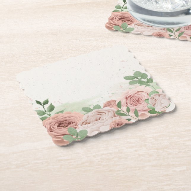 romantic blush pink flowers & leaves paper coaster (Angled)