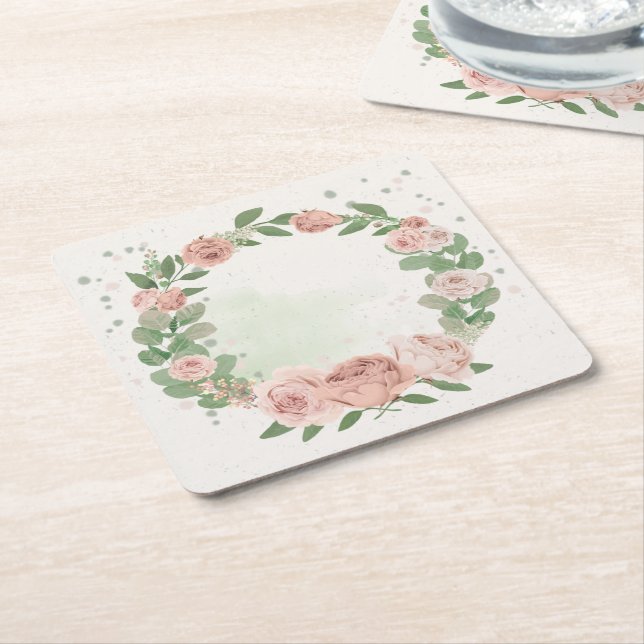 romantic blush pink flowers & leaves square paper  square paper coaster (Angled)