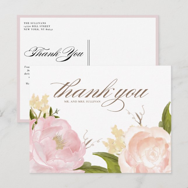 Romantic Blush Pink Garden Roses Wedding Thank You Postcard (Front/Back)