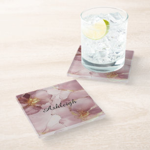 Romantic Blush Pink Gold Floral Birthday Glass Coaster