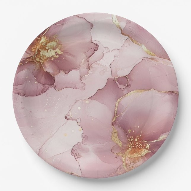 Romantic Blush Pink Gold Floral Birthday Paper Plate (Front)