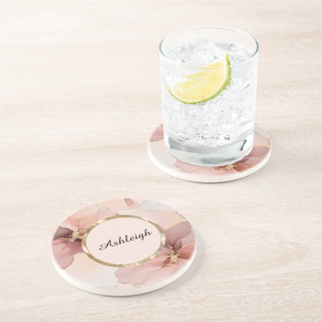 Romantic Blush Pink Gold Floral Bridal Shower Coaster (Side)