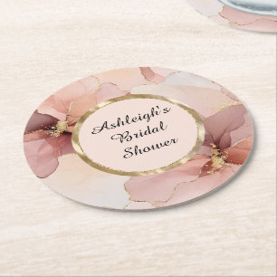 Romantic Blush Pink Gold Floral Bridal Shower Round Paper Coaster