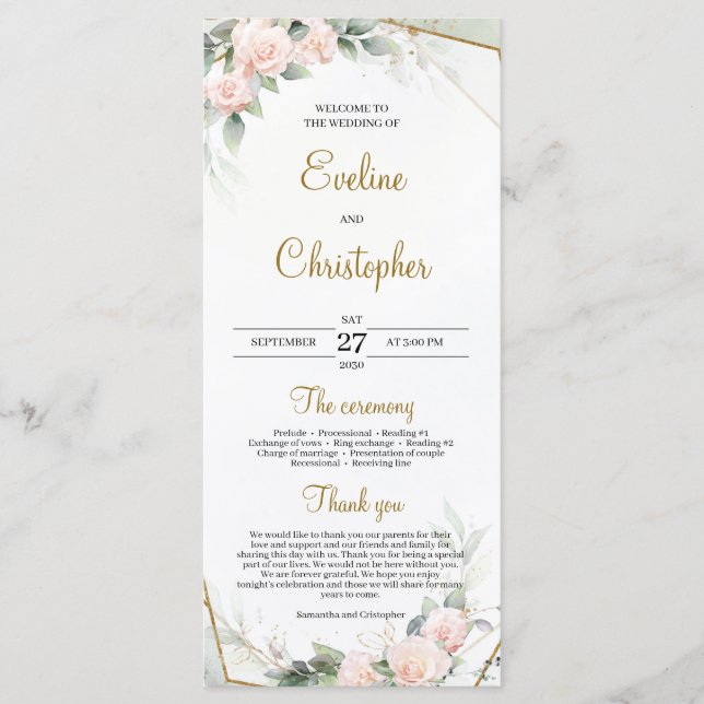 Romantic Blush Pink Greenery Foliage Gold Frame Program (Front)