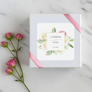 Romantic Blush Pink/Ivory Watercolor Roses Wedding Square Sticker