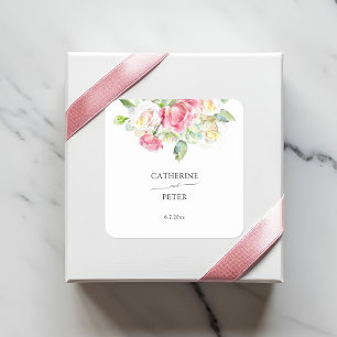 Romantic Blush Pink/Ivory Watercolor Roses Wedding Square Sticker