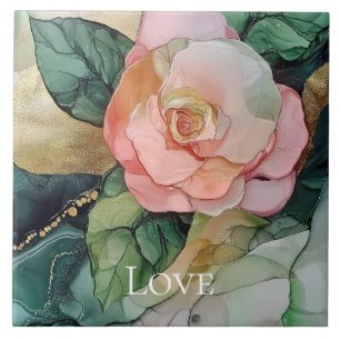 Romantic Blush Pink Peach Gold Floral Love Ceramic Tile