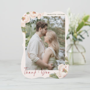 Romantic Blush Pink Peony Flowers Photo Wedding   Thank You Card