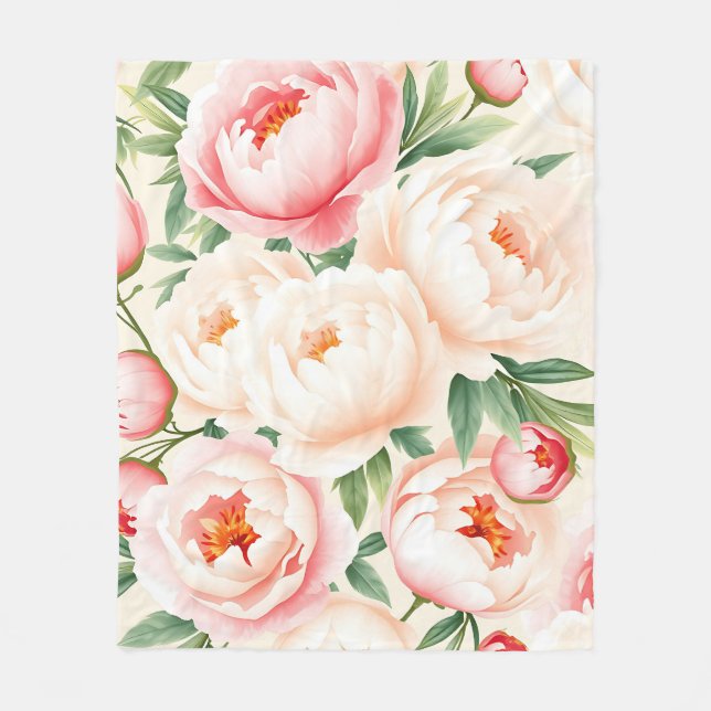 Romantic Blush Pink Peony Pattern Fleece Blanket (Front)