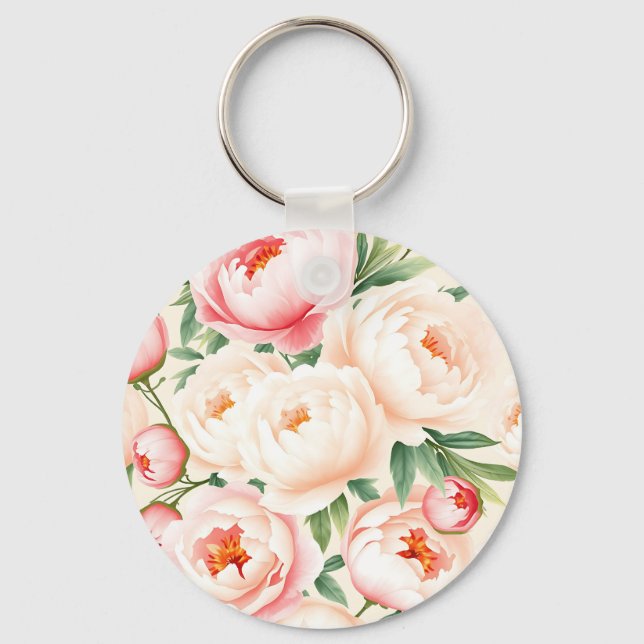 Romantic Blush Pink Peony Pattern Key Ring (Front)
