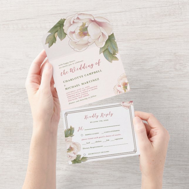 Romantic Blush Pink Peony Rose Floral Wedding All In One Invitation (Tearaway)