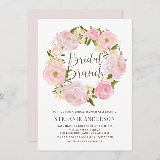 Romantic Blush Pink Peony Wreath Bridal Brunch Invitation (Front/Back)