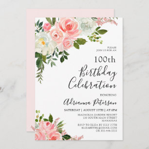 Romantic Blush Pink Rose Floral 100th Birthday Invitation
