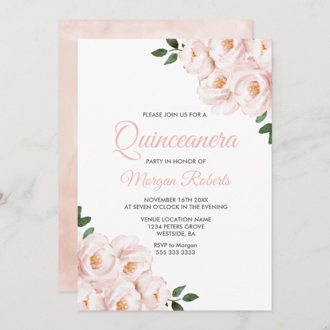 Romantic Blush Pink Rose Quinceanera Party Invitation (Front/Back)