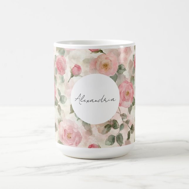 Romantic Blush Pink Roses Floral Coffee Mug (Center)