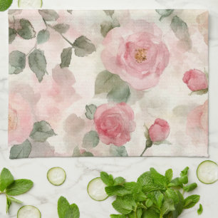 Romantic Blush Pink Roses Floral Tea Towel