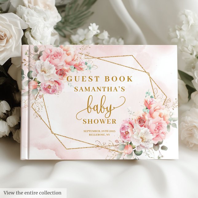 Romantic blush pink sage peonies gold baby shower guest book (Romantic blush pink sage peonies gold baby shower Guest Book)