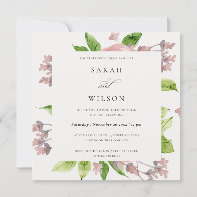 ROMANTIC BLUSH PINK WATERCOLOR FLORAL ENGAGEMENT INVITATION (Front)