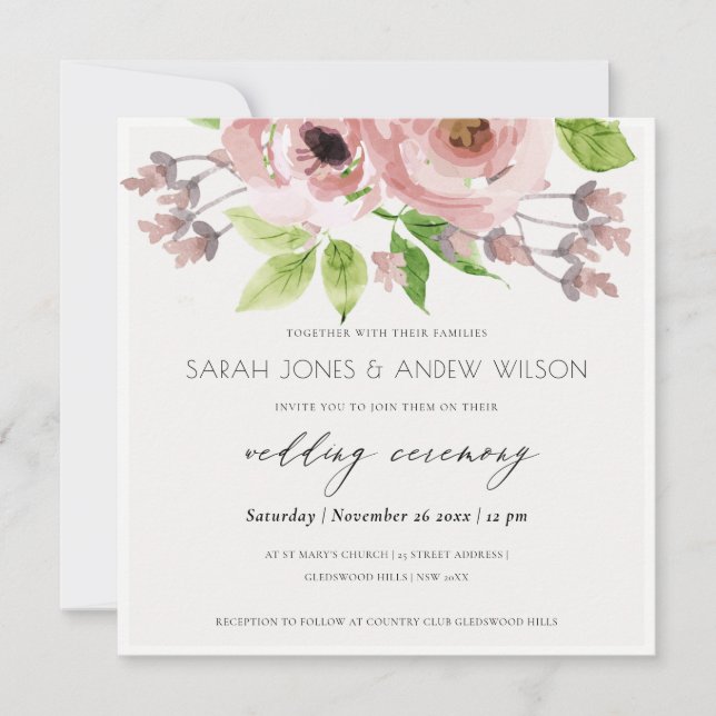 ROMANTIC BLUSH PINK WATERCOLOR FLORAL ENGAGEMENT INVITATION (Front)