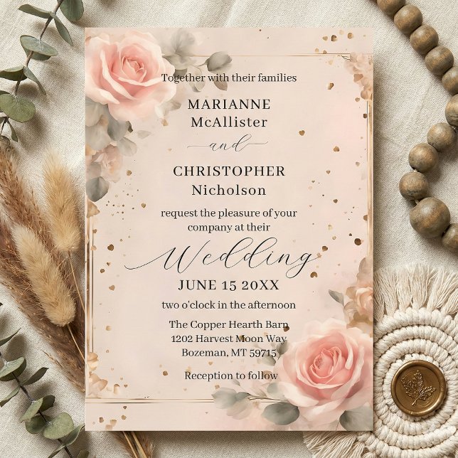 Romantic Blush Pink Watercolor Rose Wedding Invitation (Creator Uploaded)
