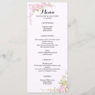 Romantic Blush Pink Watercolor Roses Chic Wedding Menu