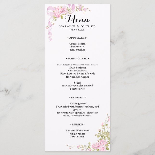 Romantic Blush Pink Watercolor Roses Chic Wedding Menu (Front)
