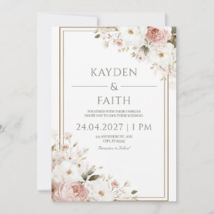 Romantic Blush Pink White Rose Floral Wedding Invitation