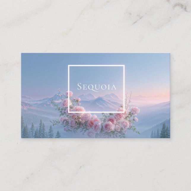 Romantic Blush Rose Floral and Misty Mountain Business Card (Front)