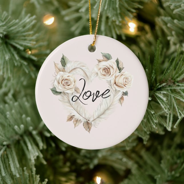 Romantic Blush Roses Feathers Heart Love Ceramic Ornament (Tree)