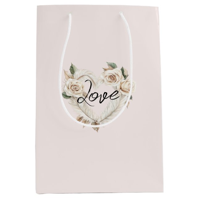Romantic Blush Roses Feathers Heart Wedding Medium Gift Bag (Front)