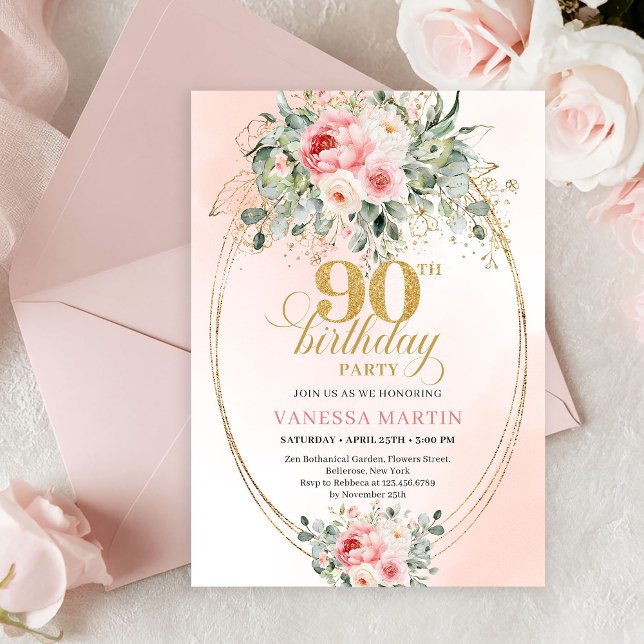 Romantic Blush Roses Greenery 90th Birthday Invite (Luxury Blush Rose Gold Boho 90th Birthday Invite)
